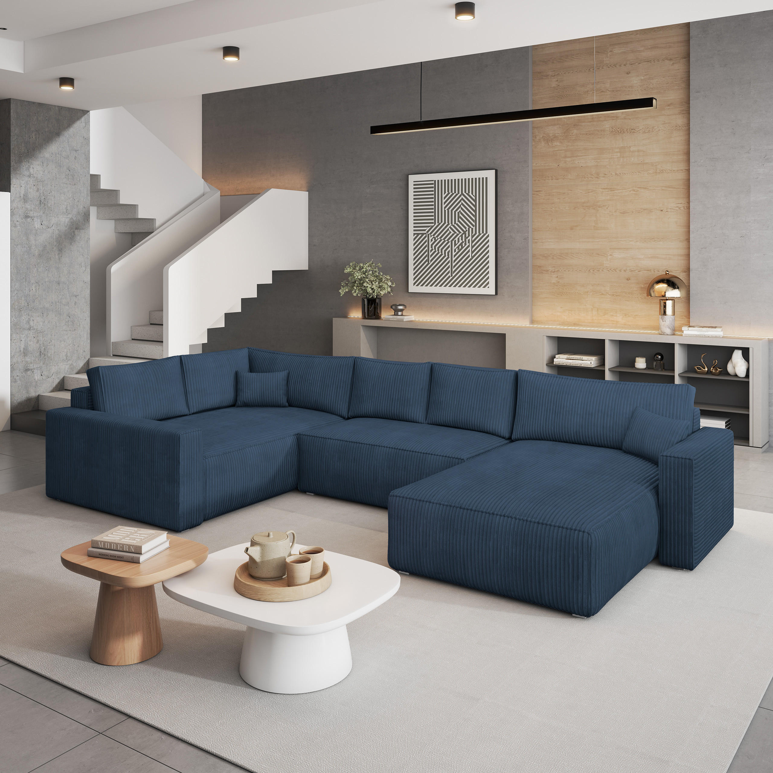 WOHNLANDSCHAFT VELAMI L-S Blau Kordstoff mit Schlaffunktion - Blau, Holz (365/83/194cm) - MASSENO