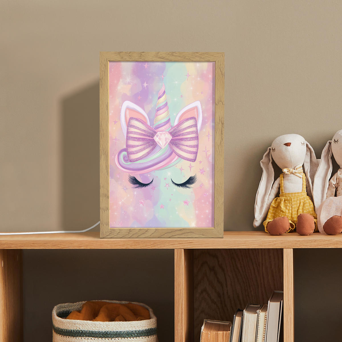 NACHTTISCHLAMPE Einhorn - Glitzer - Regenbogen - Pastell 20x30 cm - Hellrosa, Holzwerkstoff (8/20/30cm)