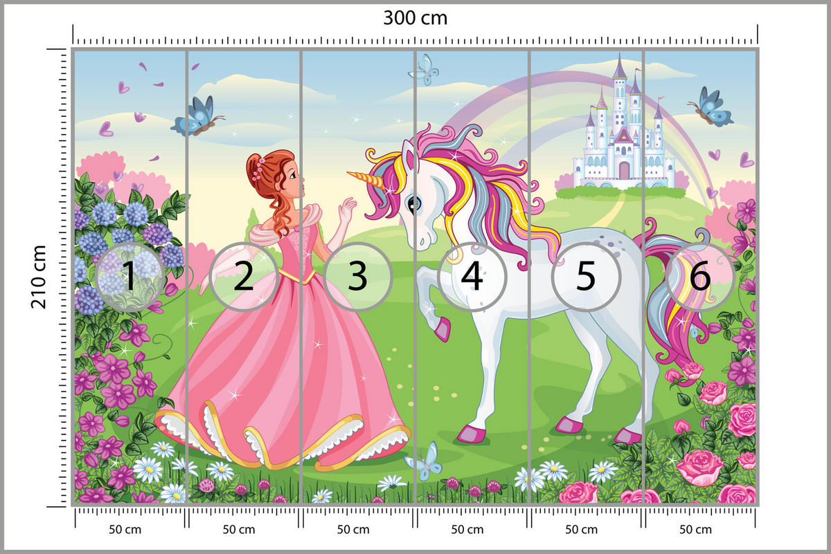 FOTOTAPETE für Kinderzimmer Prinzessin Einhorn Schloss Blumen 300x210 - Blau/Gelb, Papier (300/210cm) - Muralo