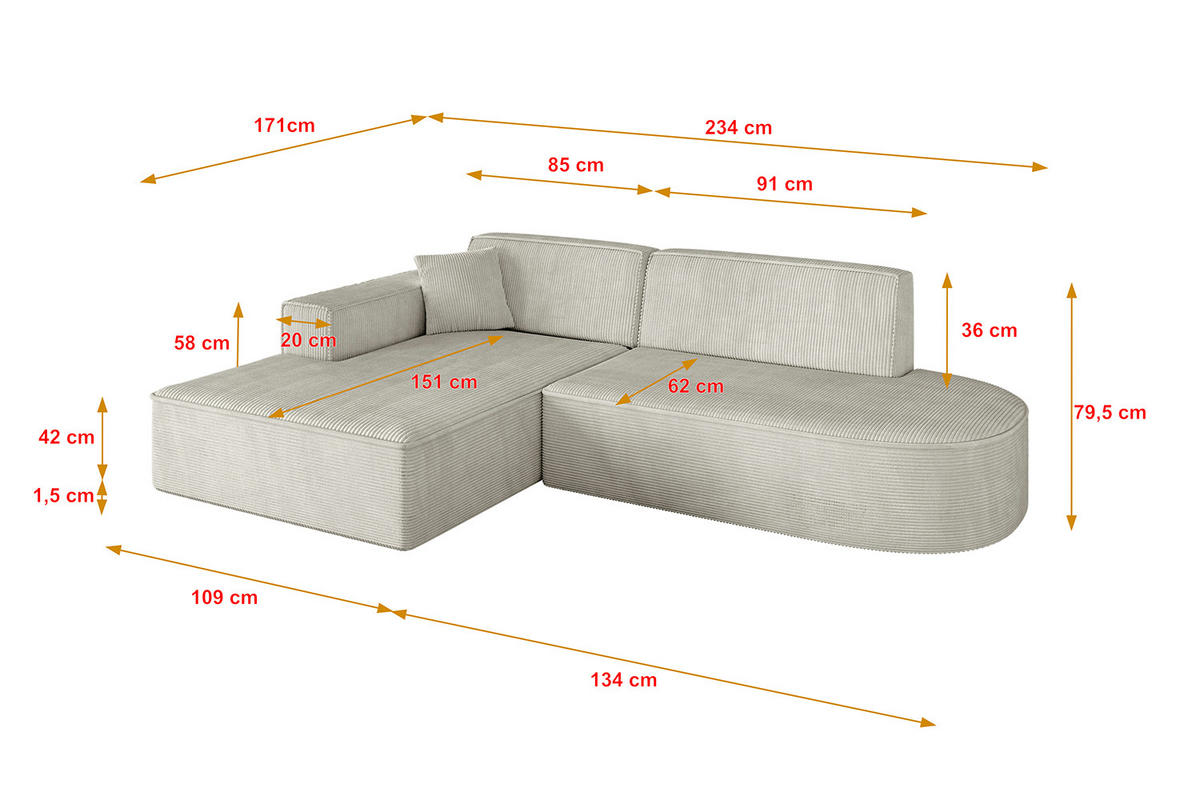 ECKSOFA Ottomane Links IREA-L1-v4 - 234x171x79 cm Hellgrau - Ecru, Holzwerkstoff/Textil (234/171cm) - ALTDECOR