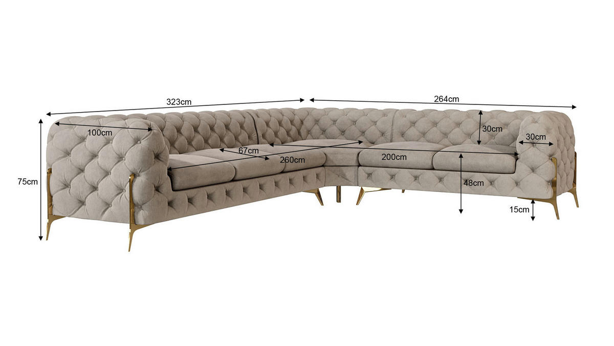 ECKSOFA Chesterfield Lexi Dunkle Creme Samt, langer Schenkel links - Goldfarben/Creme, Holz/Textil (323/264cm) - S-Style Möbel