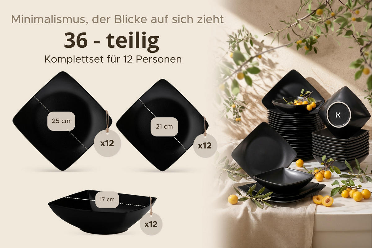 TAFELSERVICE EPIRI 12 Personen 36-tlg - Schwarz, Keramik (25/2/25cm) - KONSIMO®