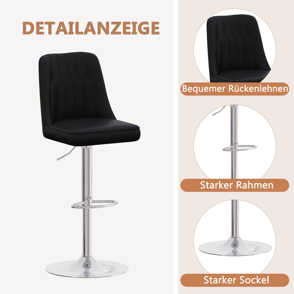 BARHOCKER 2er-Set Schwarz Höhenverstellbar & Drehbar mit PU-Leder - Schwarz, Metall (44/95.5/44cm) - PANGIVO