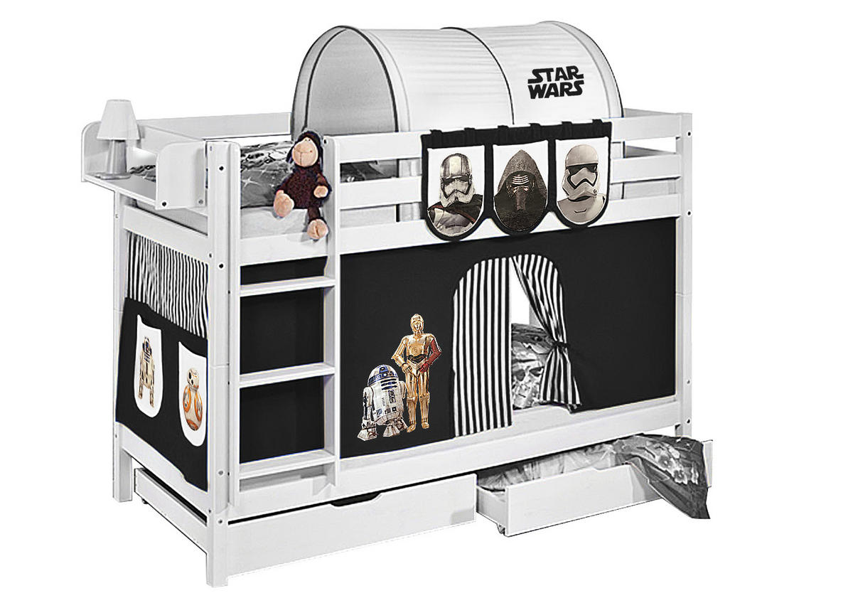 ETAGENBETT JELLE 90x200 cm Star Wars schwarz - Hochbett - inkl. Vorhang und 2 Lattenrosten - Weiß, Holz - Lilokids