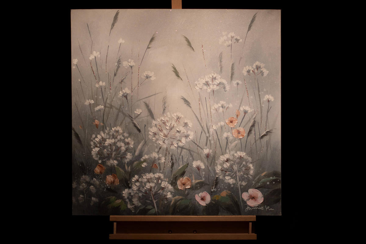 RUČNE MAĽOVANÝ AKRYLOVÝ OBRAZ 80/80 cm, biely/sivý, prírodný a botanický motív - sivá/biela, drevo/textil (80/80cm) - KUNSTLOFT