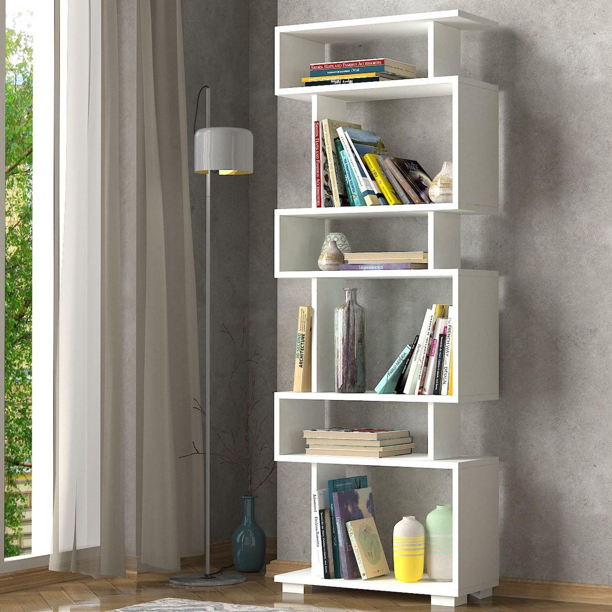 REGAL 6 Tabletten H165 cm - BLOK - Weiß, Holzwerkstoff (19.5/165/28.5cm) - Calicosy