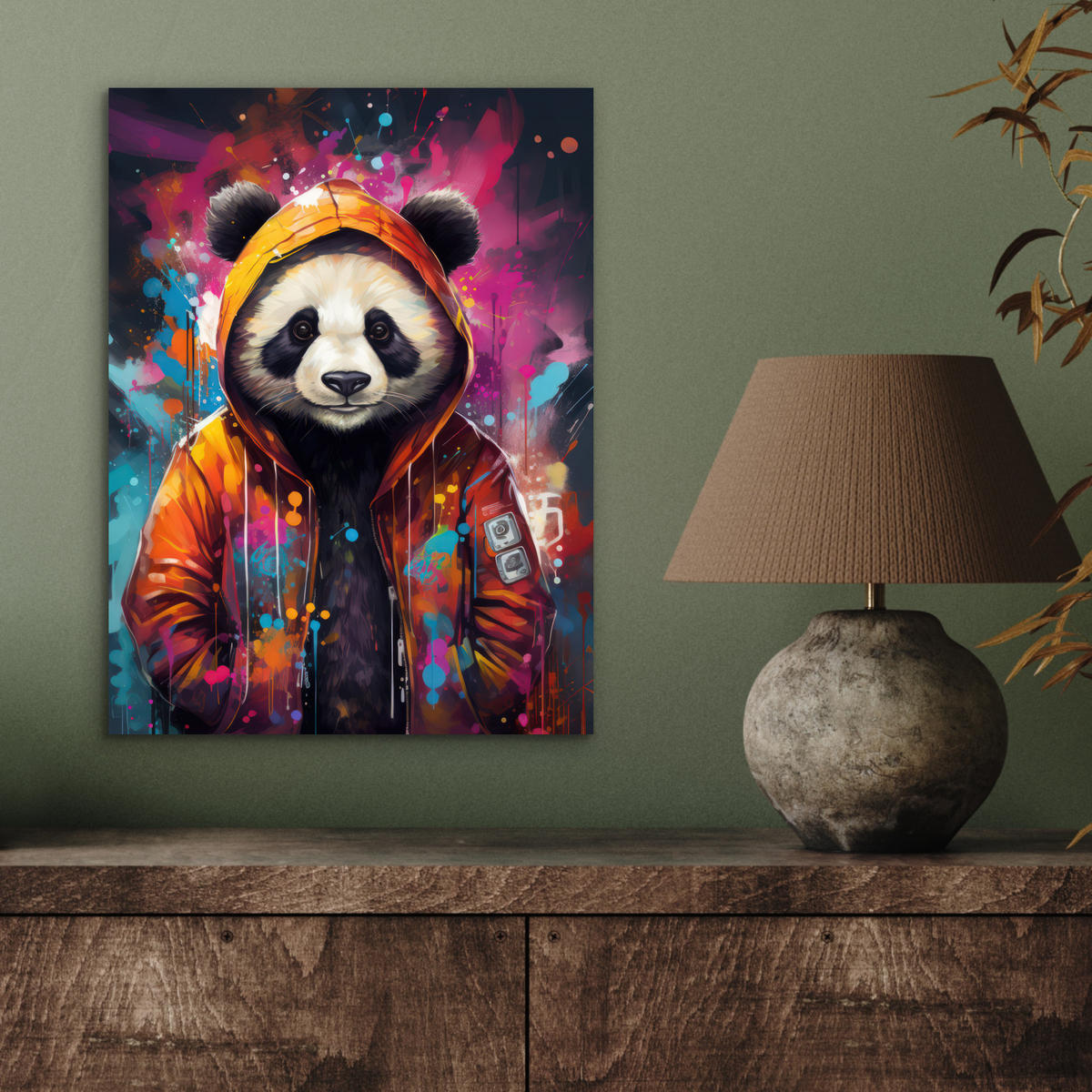 METALLBILD Panda - Jacke - Graffiti - Orange 30x40 cm - Orange, Metall (30/40cm) - MuchoWow