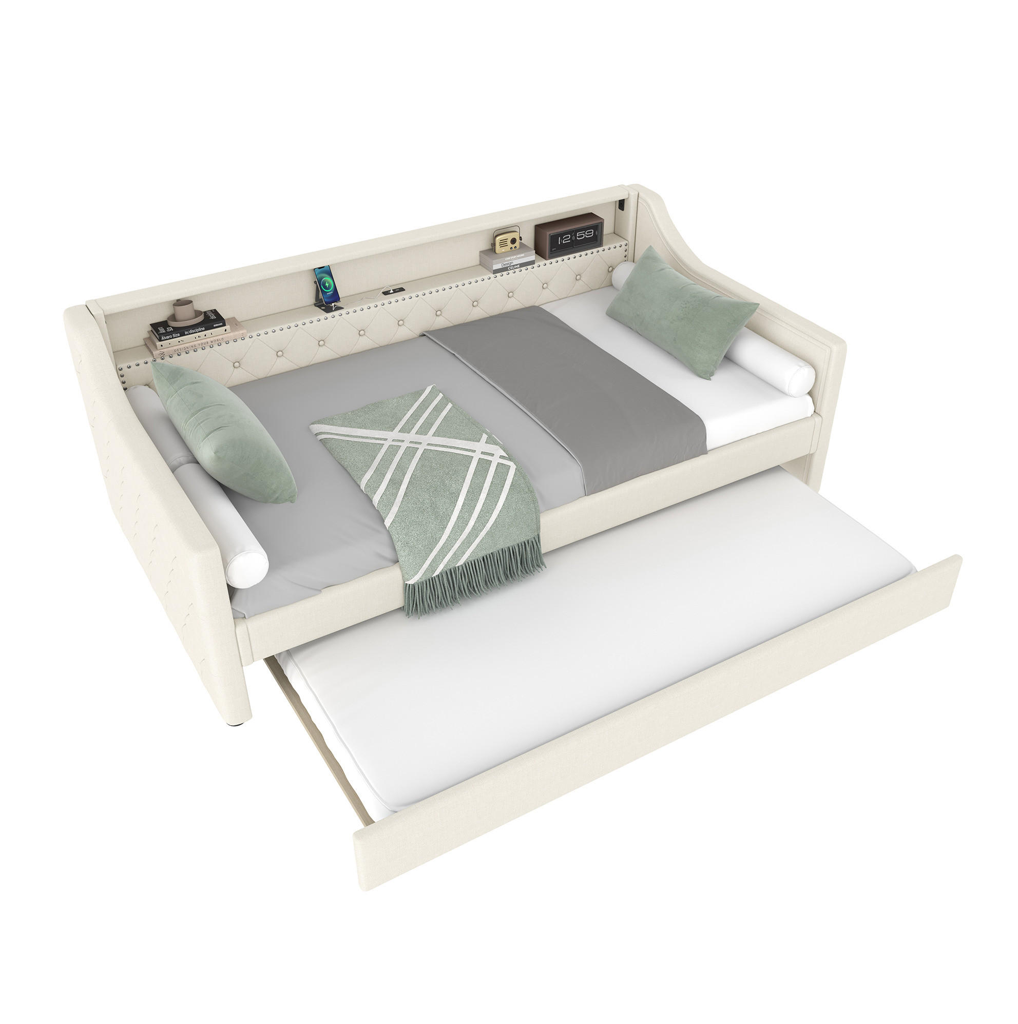 POLSTERBETT 90/200 cm Beige aus Leinen mit Ausziehbett und LED-Beleuchtung - Beige, Textil (90/200cm) - OKMYHOME