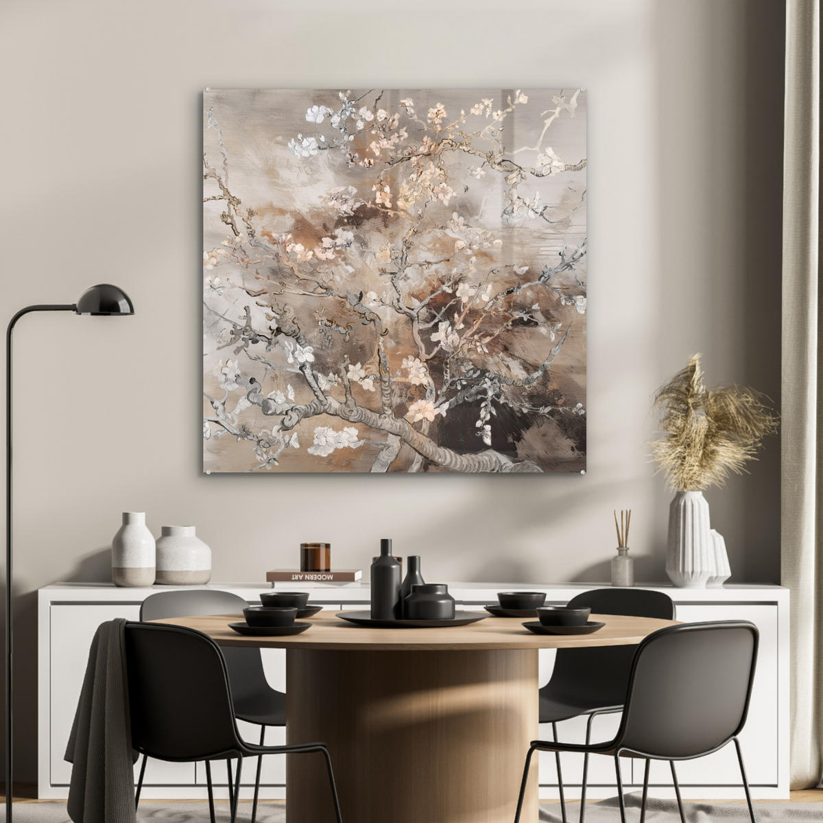 ACRYLGLASBILD Mandelblüte - Kunst - Van Gogh - Beige - Abstrakt 90x90 cm - Braun, Glas (90/90cm) - MuchoWow
