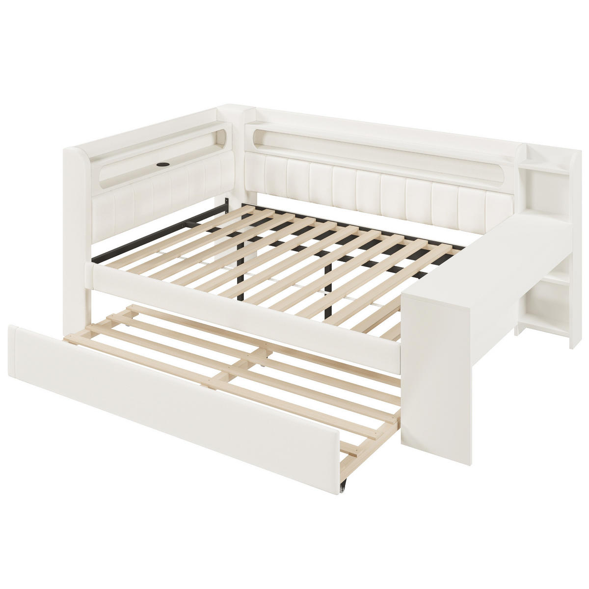 POLSTERBETT 140/200 cm mit LED-Beleuchtung, USB und Ausziehbett in Weiß - Weiß, Holzwerkstoff (140/200cm) - BEAOK