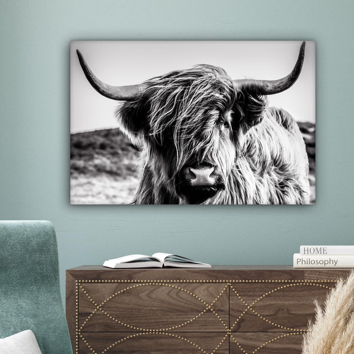 LEINWANDBILD Kuh - Schottischer Hochländer - Schwarz - Weiß - Tier - Natur - Wildtiere Wanddeko 90x60 cm - Schwarz, Textil (90/60cm) - MuchoWow