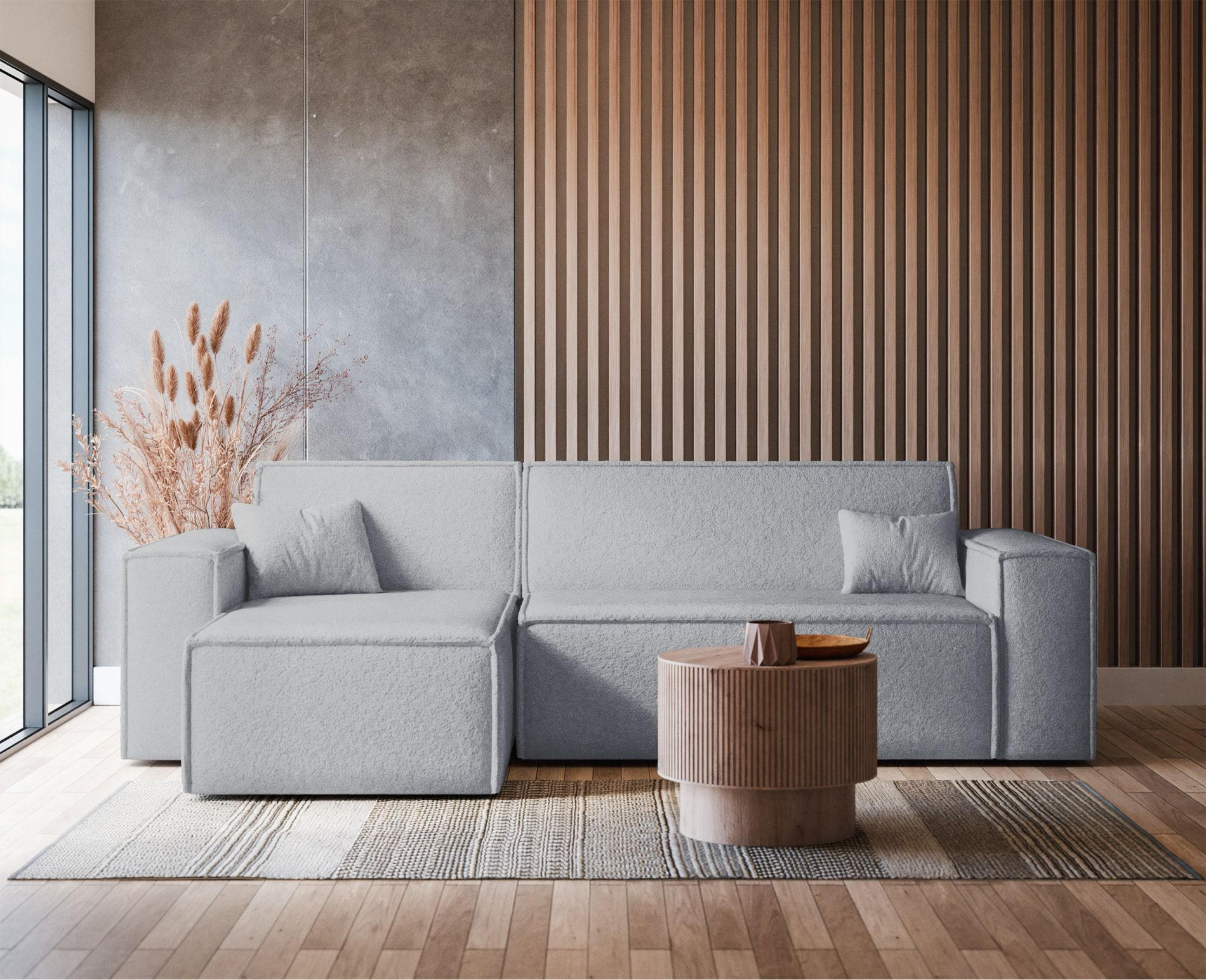 ECKSOFA Scarlo Hellgrau Bouclé-Bezug - Hellgrau/Schwarz, Kunststoff/Textil (244/145cm) - Selsey