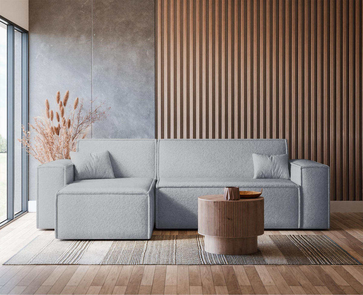 ECKSOFA Scarlo Hellgrau Bouclé-Bezug - Hellgrau/Schwarz, Kunststoff/Textil (244/145cm) - Selsey