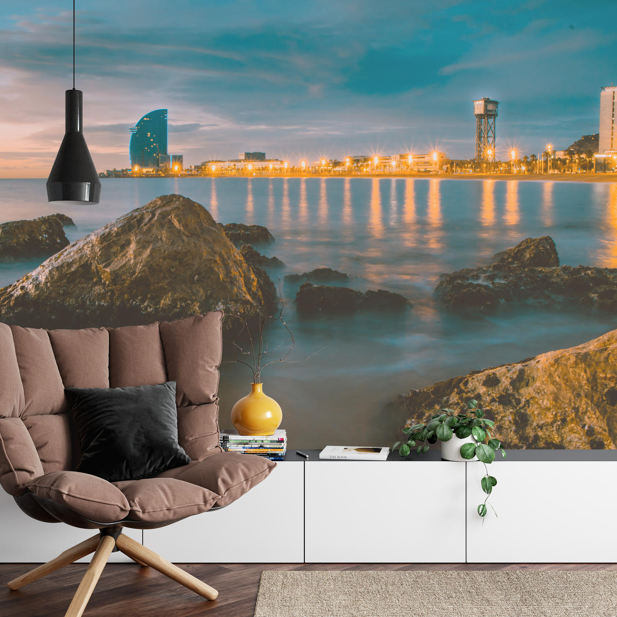 FOTOTAPETE für Wohnzimmer Barcelona Küste Nacht Meer Felsen 500x350 - Blau, Papier (500/350cm) - Muralo