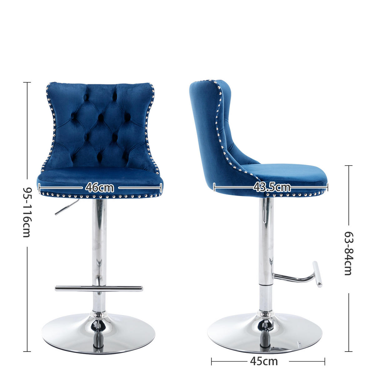 BARHOCKER 2er-Set höhenverstellbar mit Samtbezug, Blau - Blau, Textil (46/115/46cm)