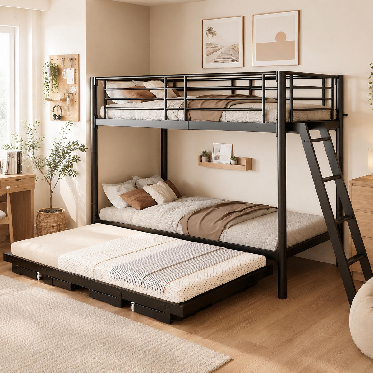 ETAGENBETT aus Metall 90x200 cm Schwarz mit ausziehbarem Unterbett - Schwarz, Metall (90/200cm) - Modfu