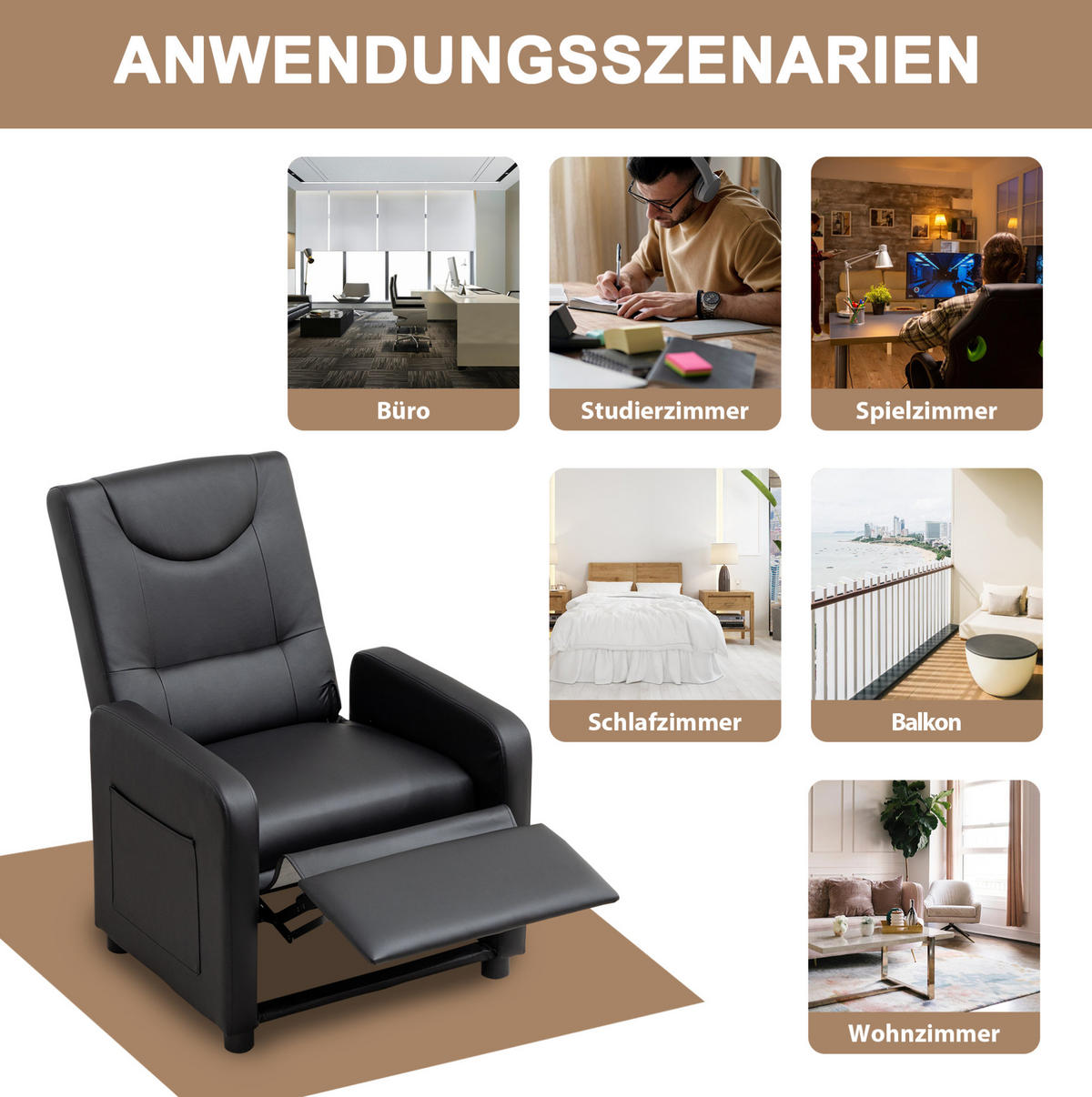 RELAXSESSEL PU mit verstellbarer Rückenlehne, klappbarer Fußstütze 76,5/67,5/95,5 cm Schwarz - Schwarz, Kunststoff (67.5/95.5/76.5cm) - Redom