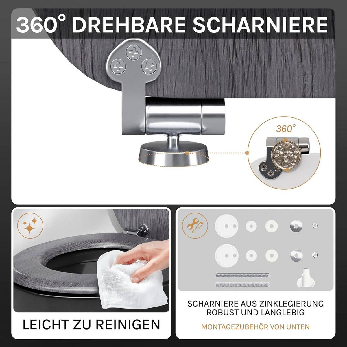 WC SITZ mit Absenkautomatik, MDF Holzkern, Antibakteriell - Grau, Holzwerkstoff (37/2.5/43cm) - Woltu
