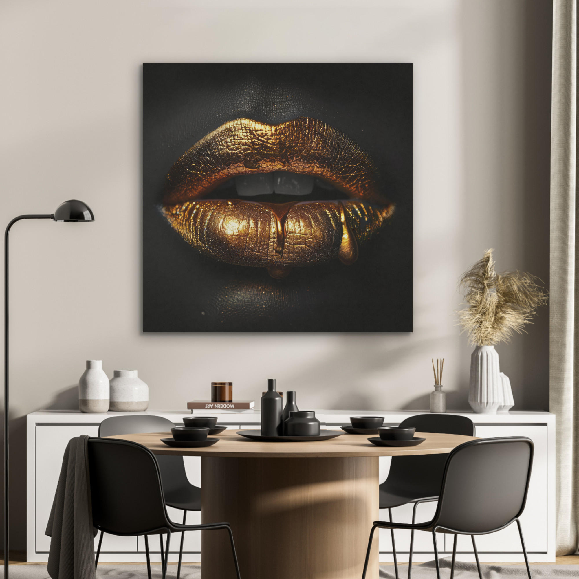 AKUSTIKPANEEL Frau - Porträt - Lippen - Gold - Schwarz 90x90 cm - Schwarz, Textil (90/0.9/90cm) - MuchoWow