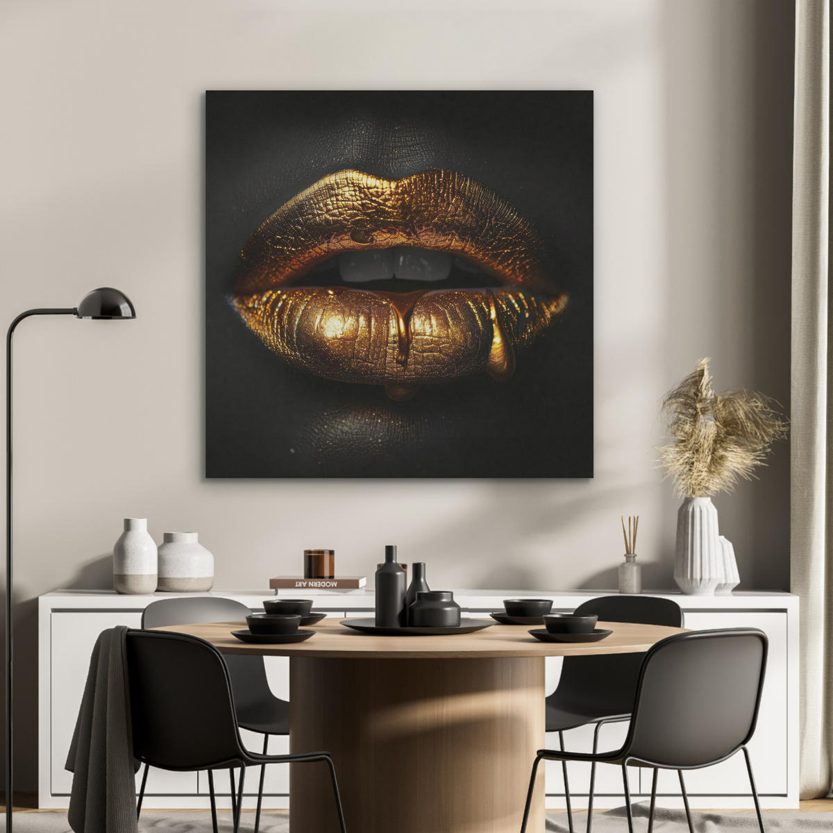 AKUSTIKPANEEL Frau - Porträt - Lippen - Gold - Schwarz 90x90 cm - Schwarz, Textil (90/0.9/90cm) - MuchoWow