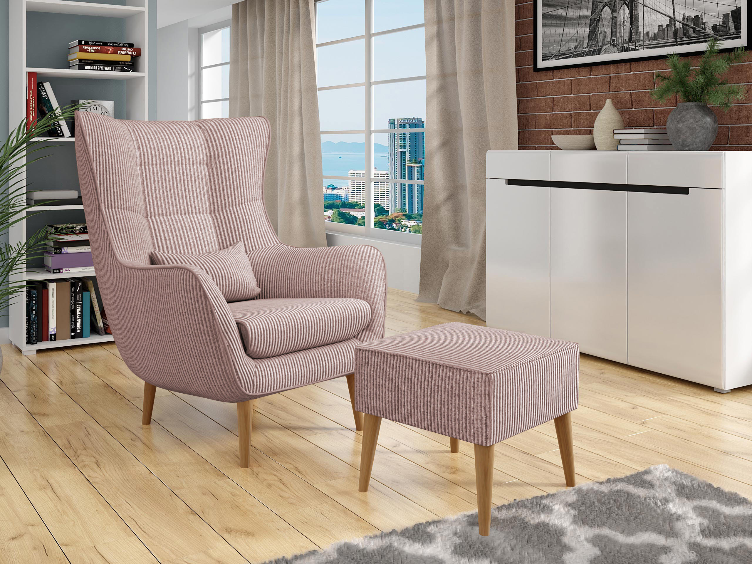 SESSEL Estjano Cord mit Fußbank - Hellrosa/Beige, Holz/Textil (80/106/95cm) - MIRJAN24