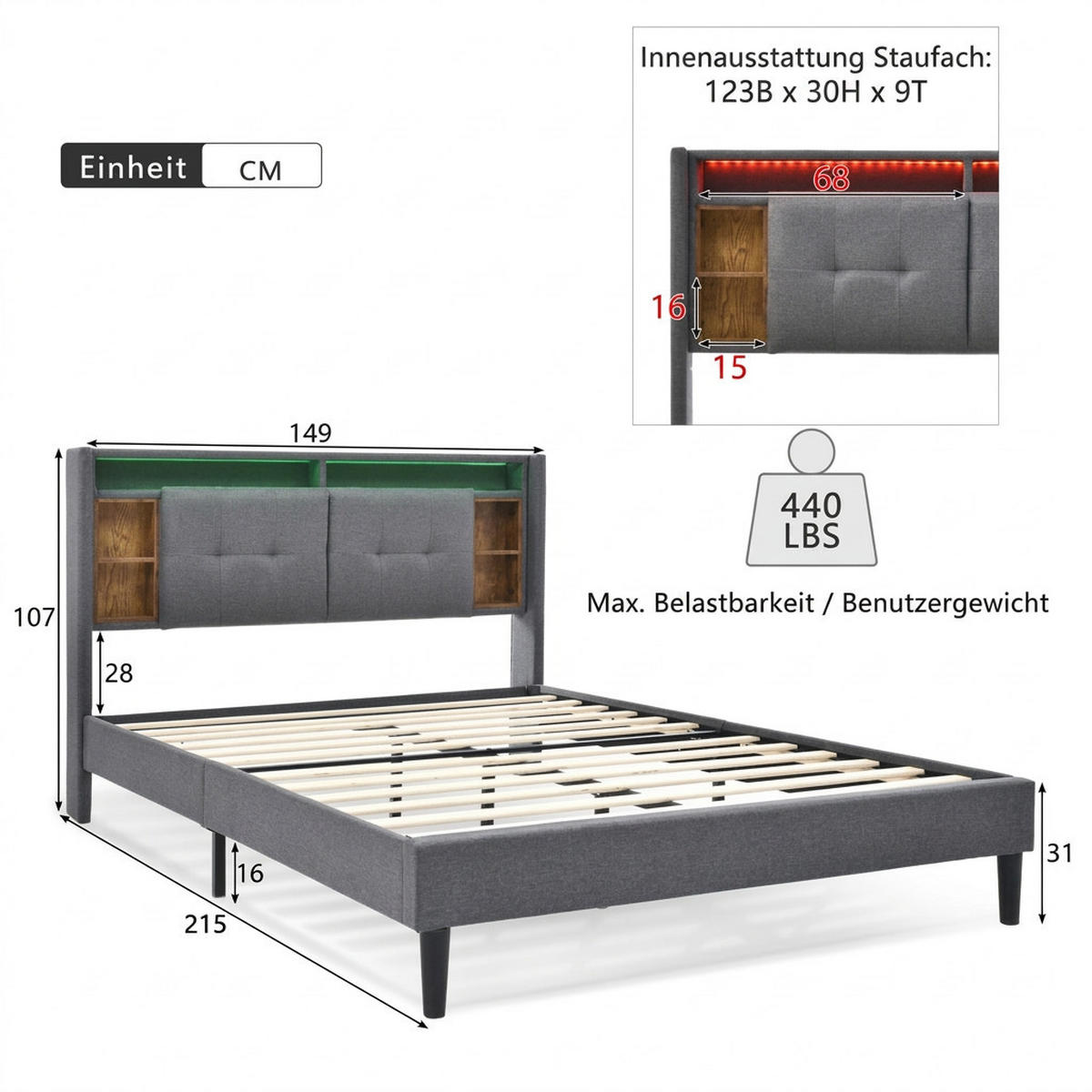 POLSTERBETT 140/200 cm Grau mit Stauraum-Kopfteil, LED-Beleuchtung und USB Type-C Ladefunktion - Grau, Holz (140/200cm) - Oxeza