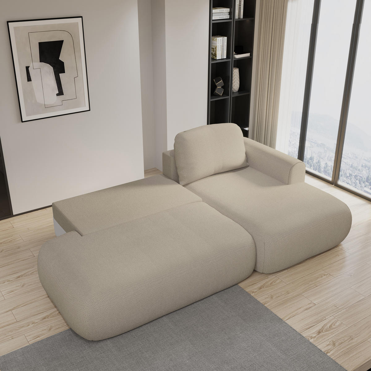 ECKSOFA NUVIRA R-S Beige Geflochtener Stoff mit Schlaffunktion - Beige, Holz (274/165cm) - MASSENO