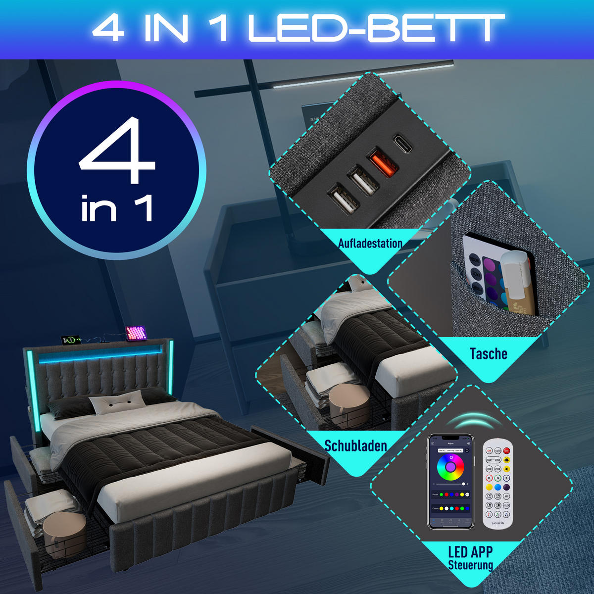 POLSTERBETT 140/200 cm mit LED-Beleuchtung, USB- und Type-C-Anschluss, 4 Schubladen und Leinenbezug, und Matratze，Grau - Grau, Textil - Redom