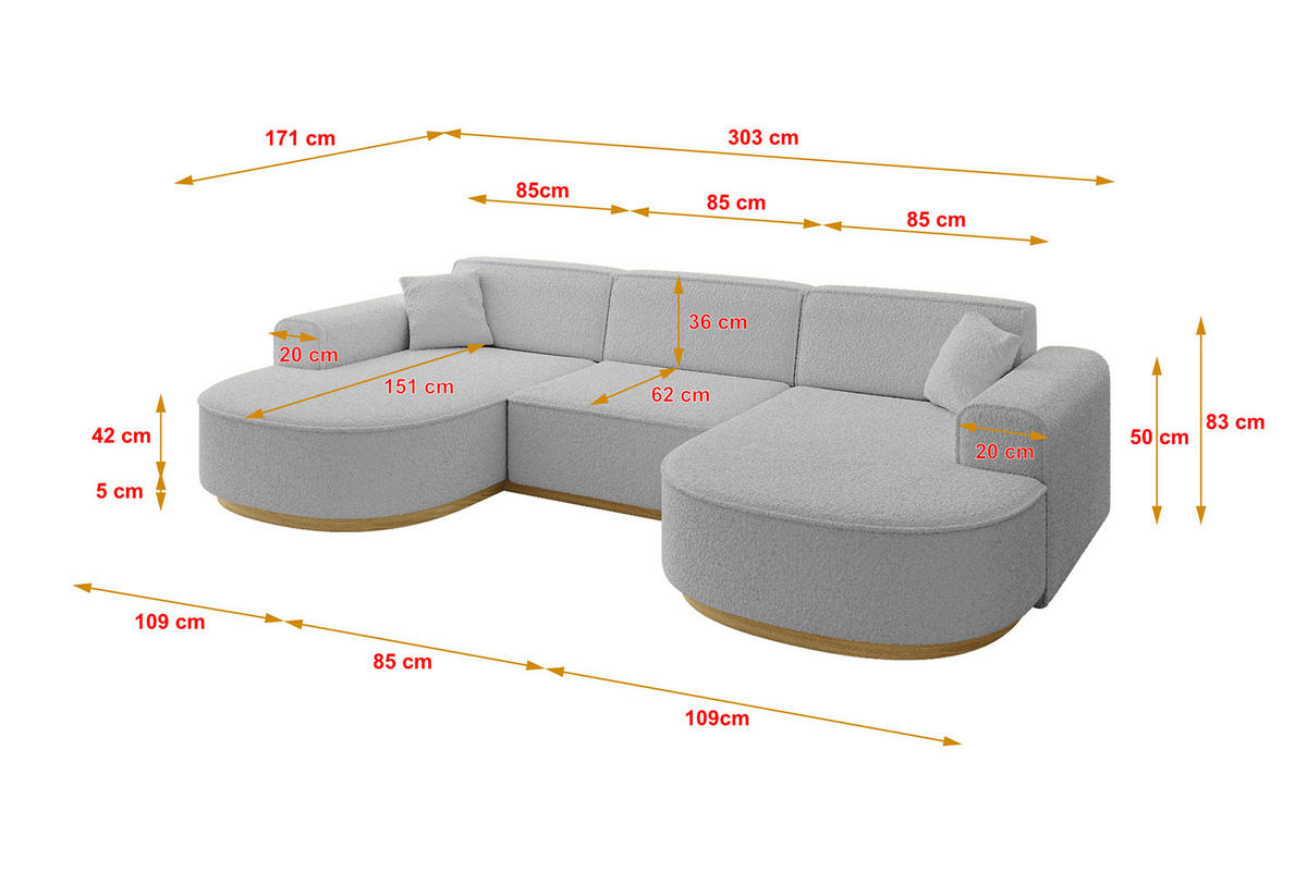 WOHNLANDSCHAFT MARI-U1-v2 - 303x171x83 cm Hellgrau Bouclé - Hellgrau, Holzwerkstoff/Textil (303/83/171cm) - ALTDECOR