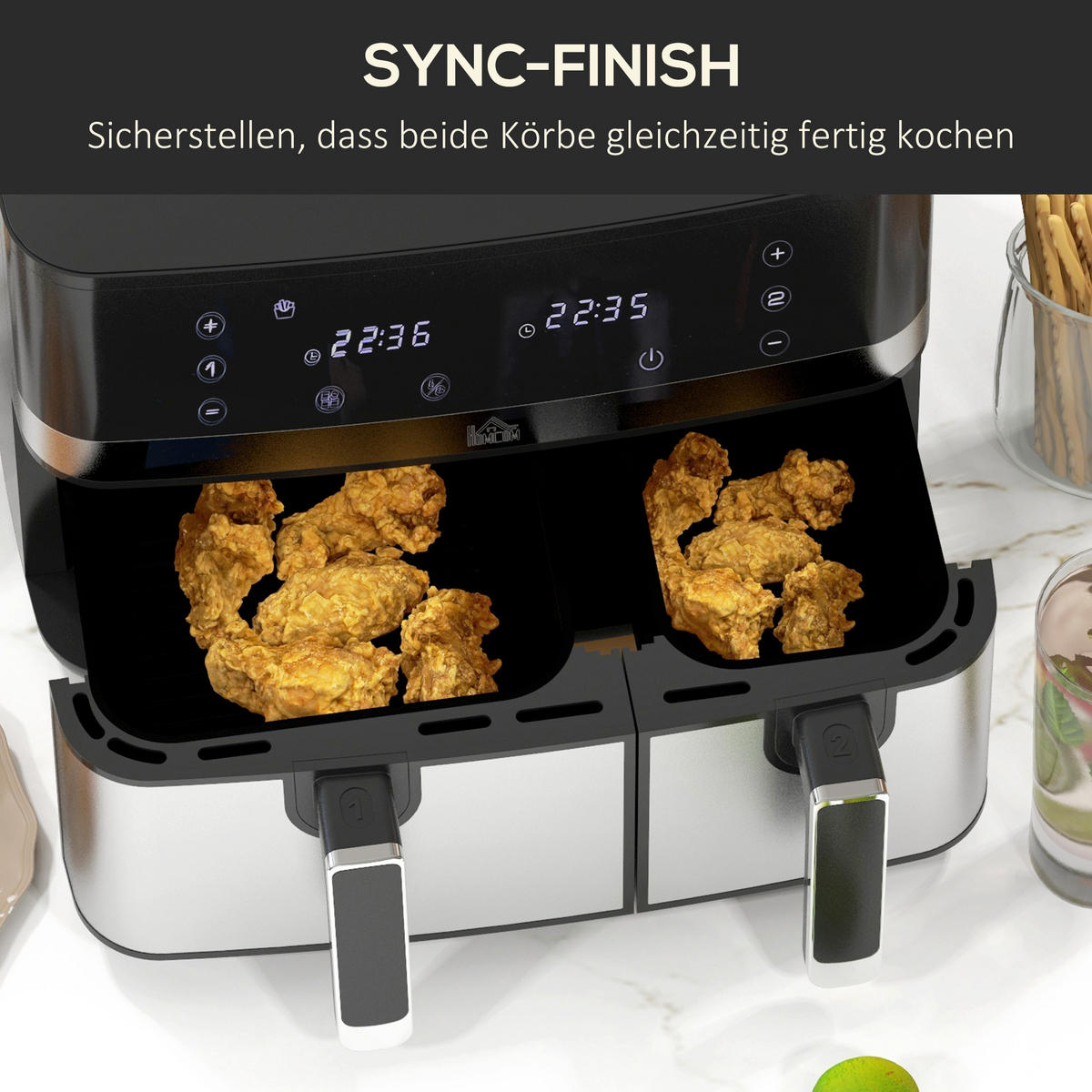 HEISSLUFTFRITTEUSE DE-07932 2 Körbe (5,2 L & 3,3 L), 8 Programme Schwarz+Silber - Schwarz, Metall (39.2/31.1/41.8cm) - ComfortXL