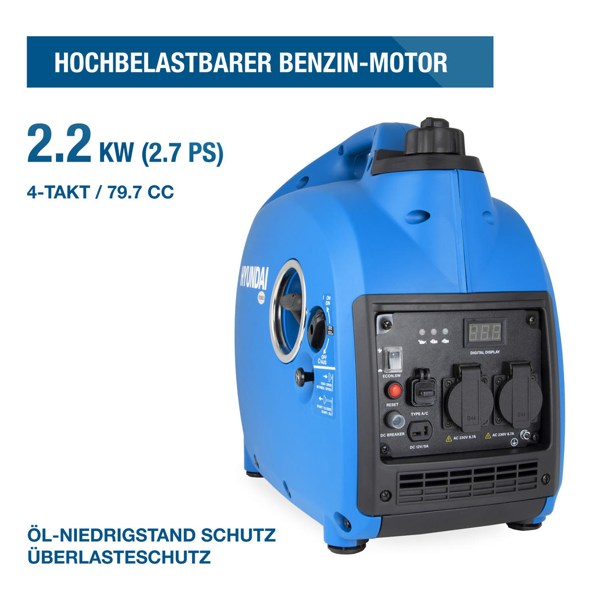 INVERTER-GENERATOR HY2300Si D (2.2 kW, tragbar, 2 x 230V + 1 x 12V, 1 x USB) - Blau, Metall (52/28/45cm) - HYUNDAI