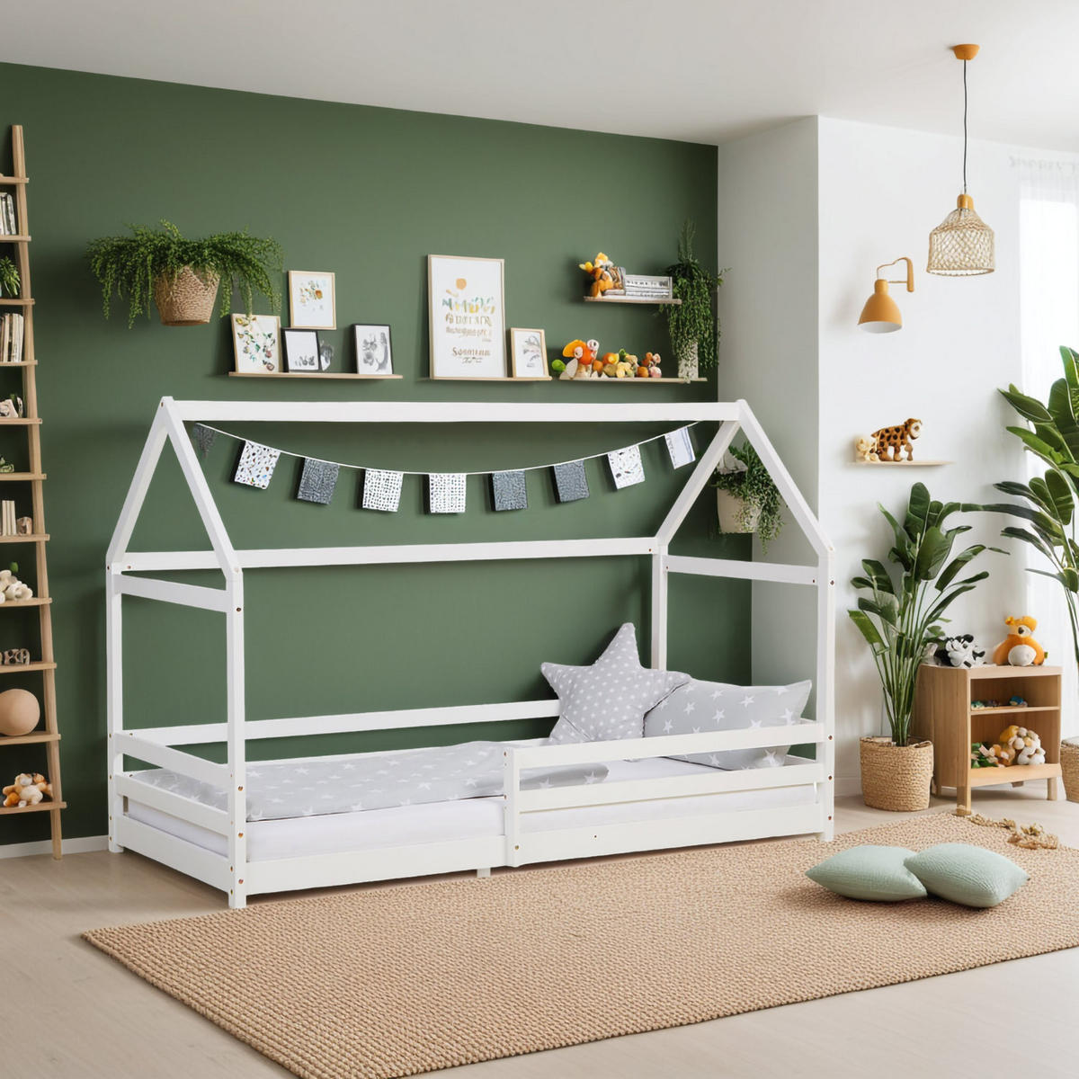 HAUSBETT 90/200 cm in Weiß mit Lattenrost Rausfallschutz - Weiß, Holz (90/200cm) - Homestyle4u