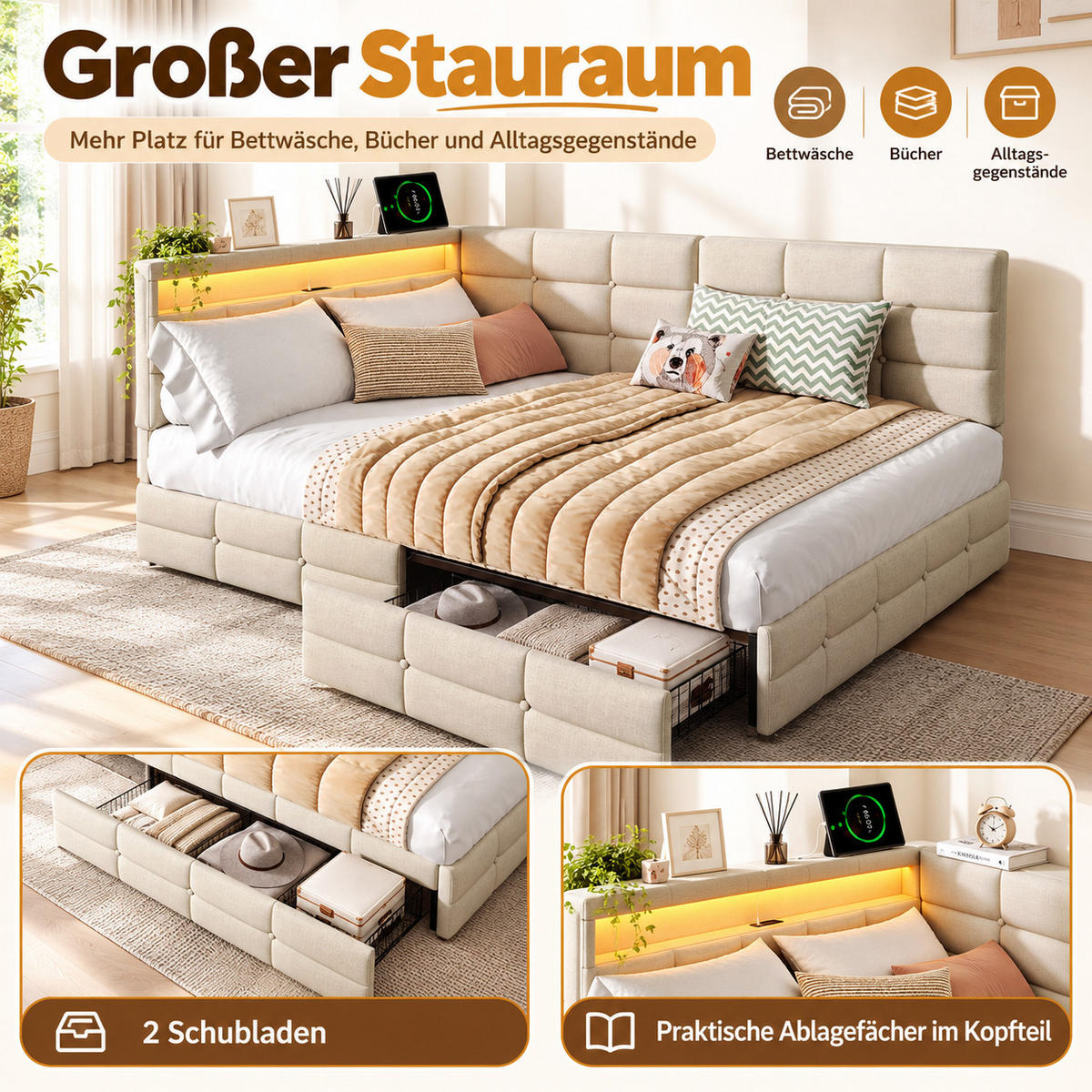 POLSTERBETT 140/190 cm, beiges Stoffbett mit LED-Kopfteil und Stauraum, modernes Einzel- und Jugendbett für Schlafzimmer - Beige, Holz/Metall (140/190cm) - Joyfair
