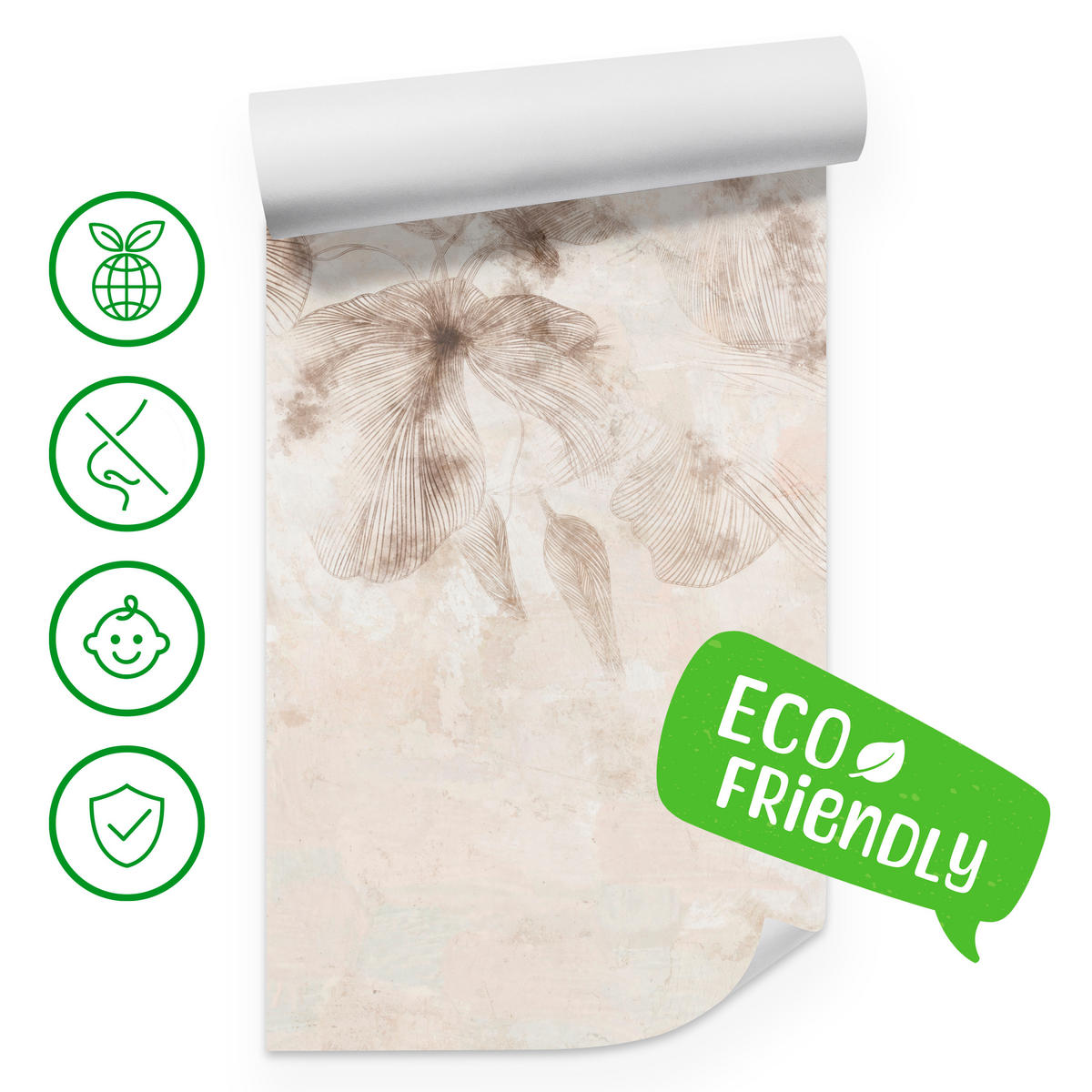 FOTOTAPETE für Wohnzimmer Boho Blumen auf Beton Natur Vintage 250x175 - Beige/Braun, Papier (250/175cm) - Muralo