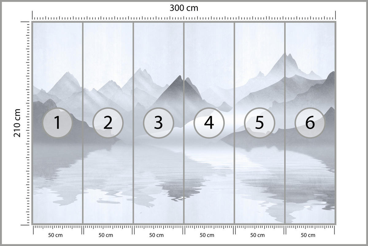 FOTOTAPETE für Wohnzimmer Aquarell Graue Berge See 300x210 - Weiß/Grau, Papier (300/210cm) - Muralo