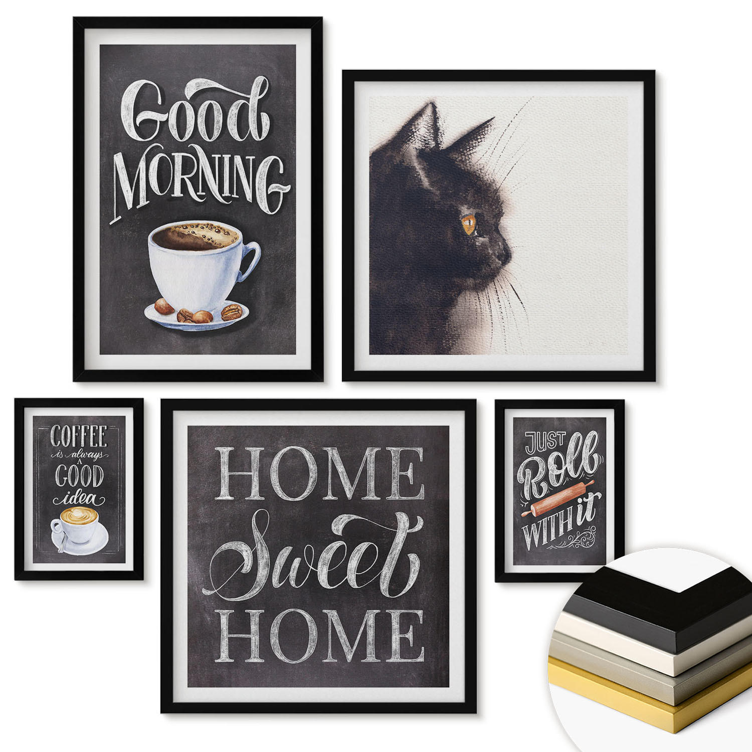 WANDBILDER 5er-Set - 50x50 cm & 20x30 cm & 40x60 cm Schwarzer Rahmen - Hausküchenthemen Katze - Schwarz, Kunststoff (40/60cm) - ArtPrintCave