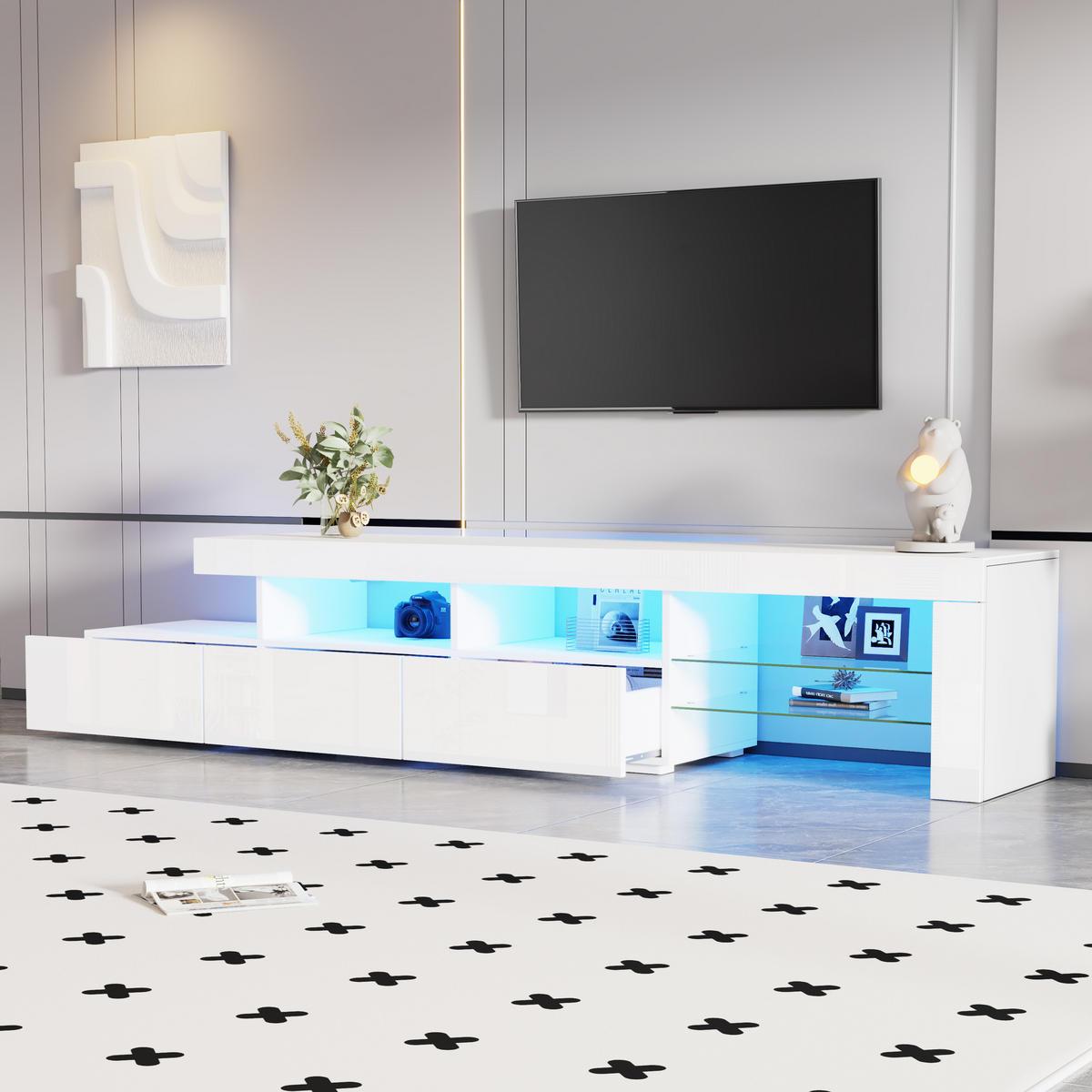 TV-ELEMENT 180/35/45 cm Hochglanz Weiß mit LED-Beleuchtung und 3 Schubladen - Weiß, Holzwerkstoff (35/45/180cm) - Korfee