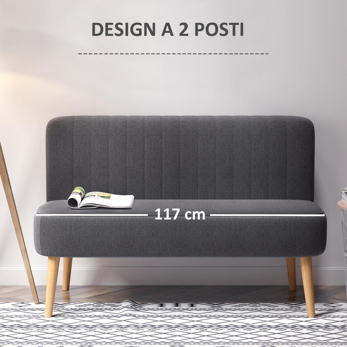 SOFA, 2-Sitzer, Leinenoptik, ohne Armlehnen, Holzbeine, dunkelgrau, 117x56,5x77cm - Multicolor, Holzwerkstoff (117/77/56.5cm) - FORIOUS