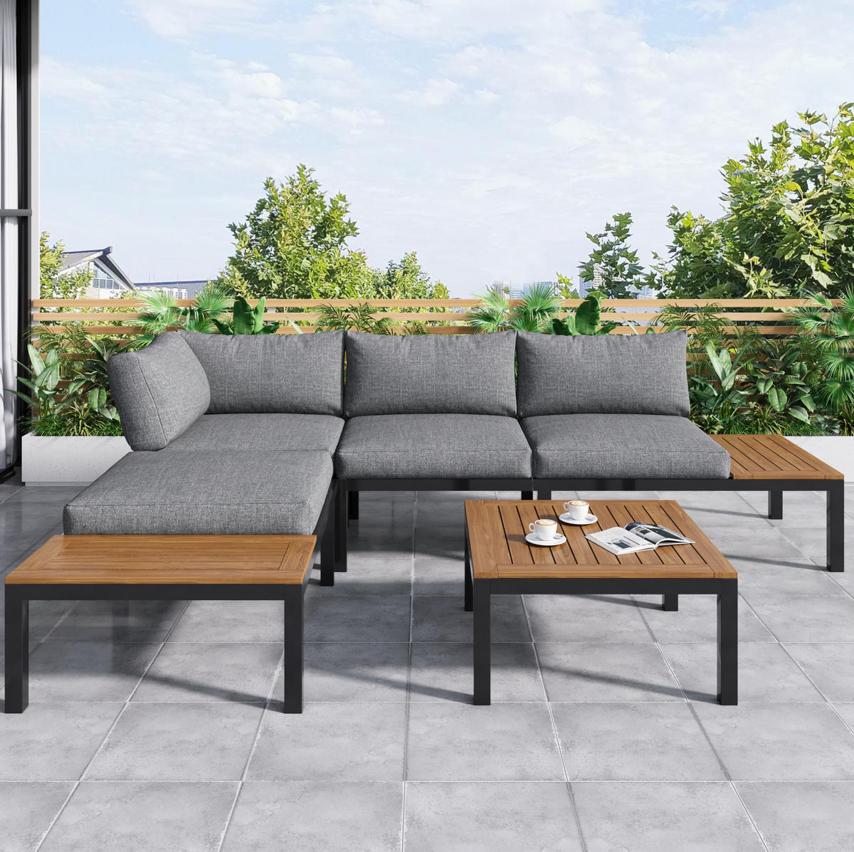 LOUNGEGARNITUR 120/60/66 cm grau aus Eisen mit Akazie 5-teilig - Grau, Metall - OKWISH