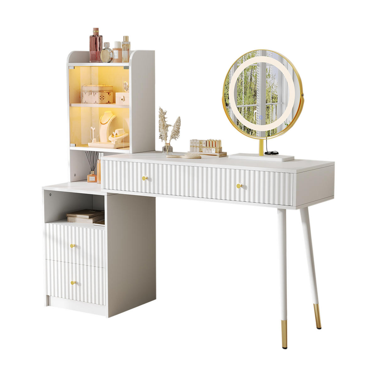 SCHMINKTISCH-SET 100/40/125 cm weiß mit dreifarbigem LED-Spiegel und 4 Schubladen - Weiß, Holzwerkstoff (100/125/40cm) - OKWISH