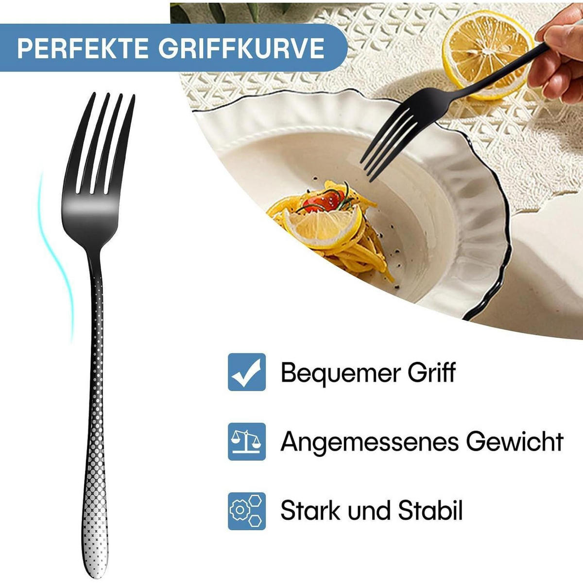 BESTECKSET 30-teilig 6 Personen Schwarz Laserpunktmuster Edelstahl Spülmaschinenfest - Schwarz, Metall