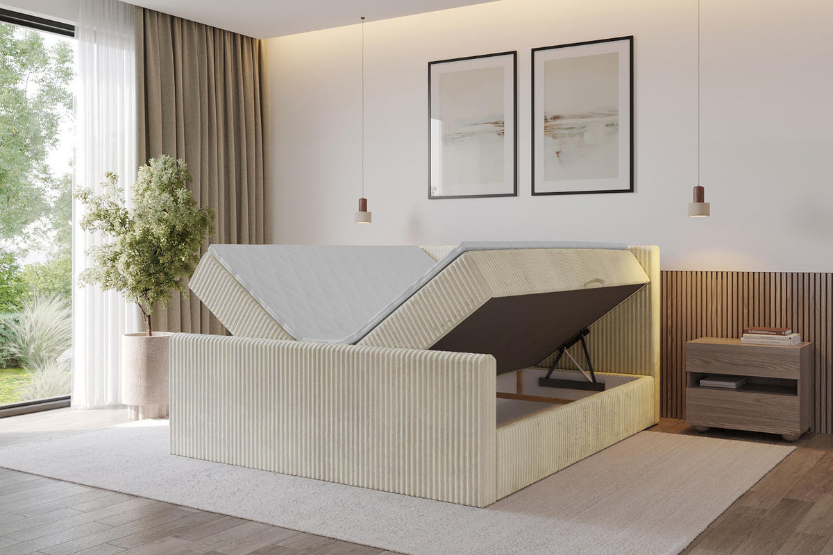 BOXBETT mit Matratze H3 und Lattenrost - TOLO-Z - 140x200 Cord - Creme - Champagner, Holzwerkstoff (140/200cm) - ALTDECOR