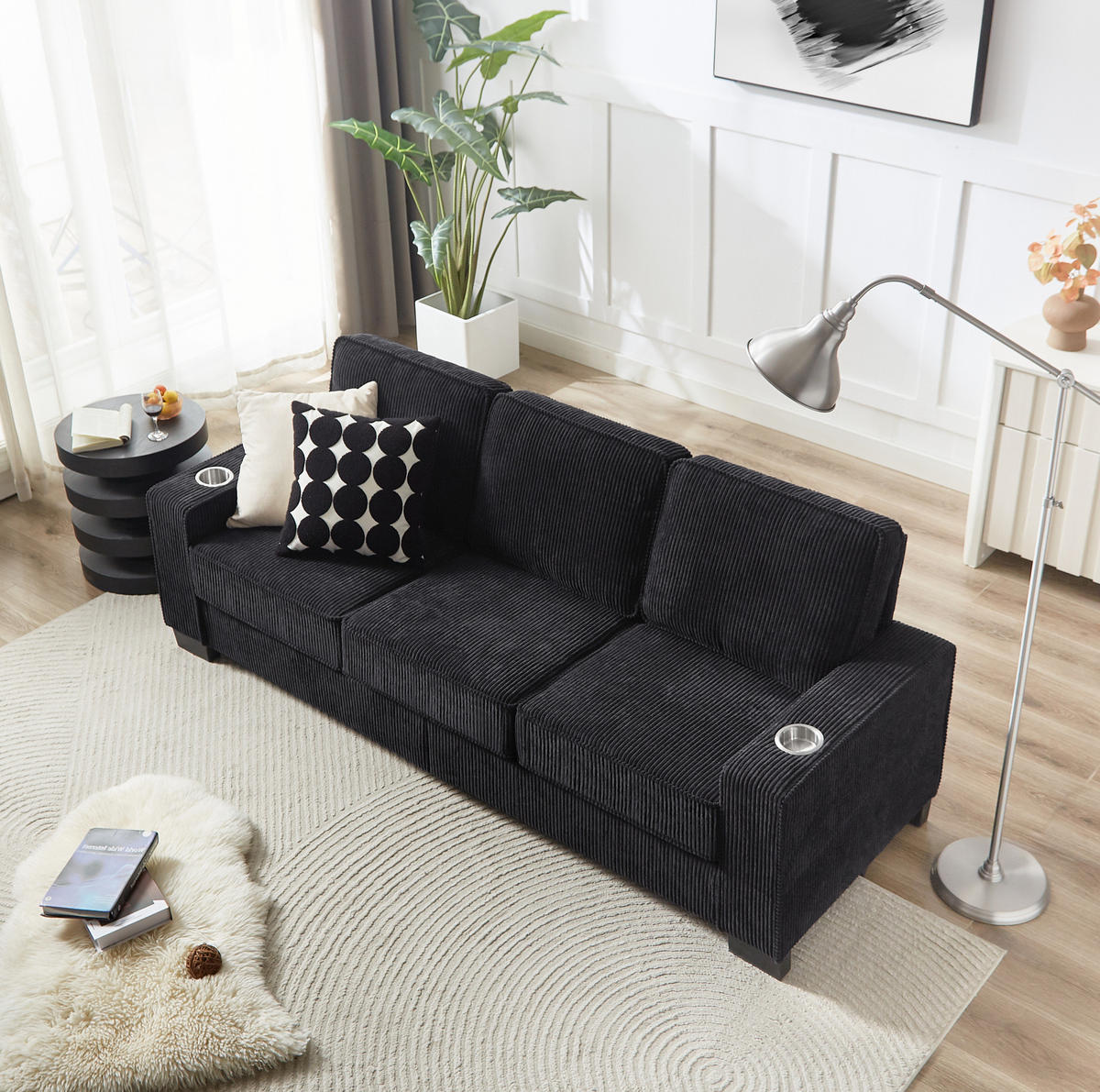 SOFA 3-Sitzer 206 cm Schwarz mit Getränkehaltern - Schwarz, Holzwerkstoff (206/86/72cm) - Meubliv