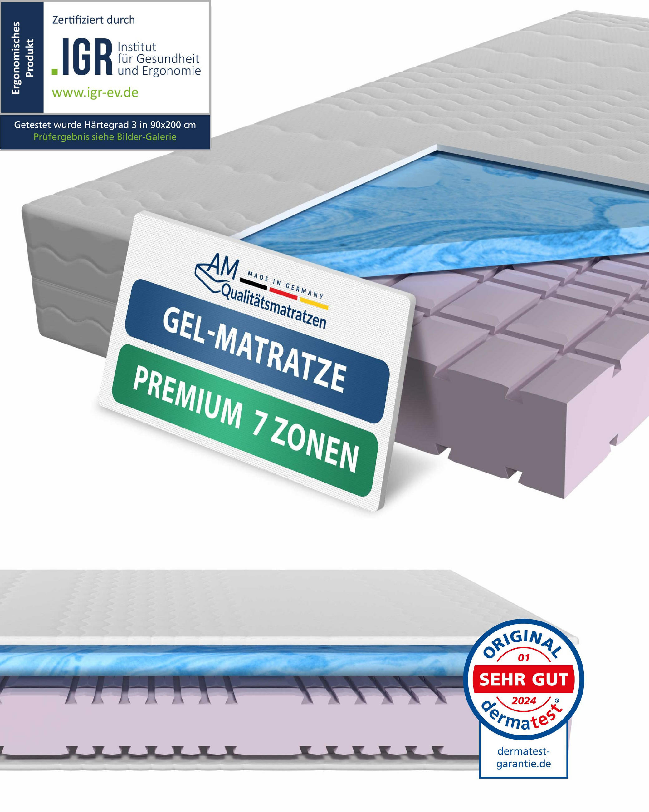 GELMATRATZE 100/200 cm H3 - 23cm Höhe & Tencel Bezug - Weiß, Textil (100/200cm) - AM Qualitätsmatratzen