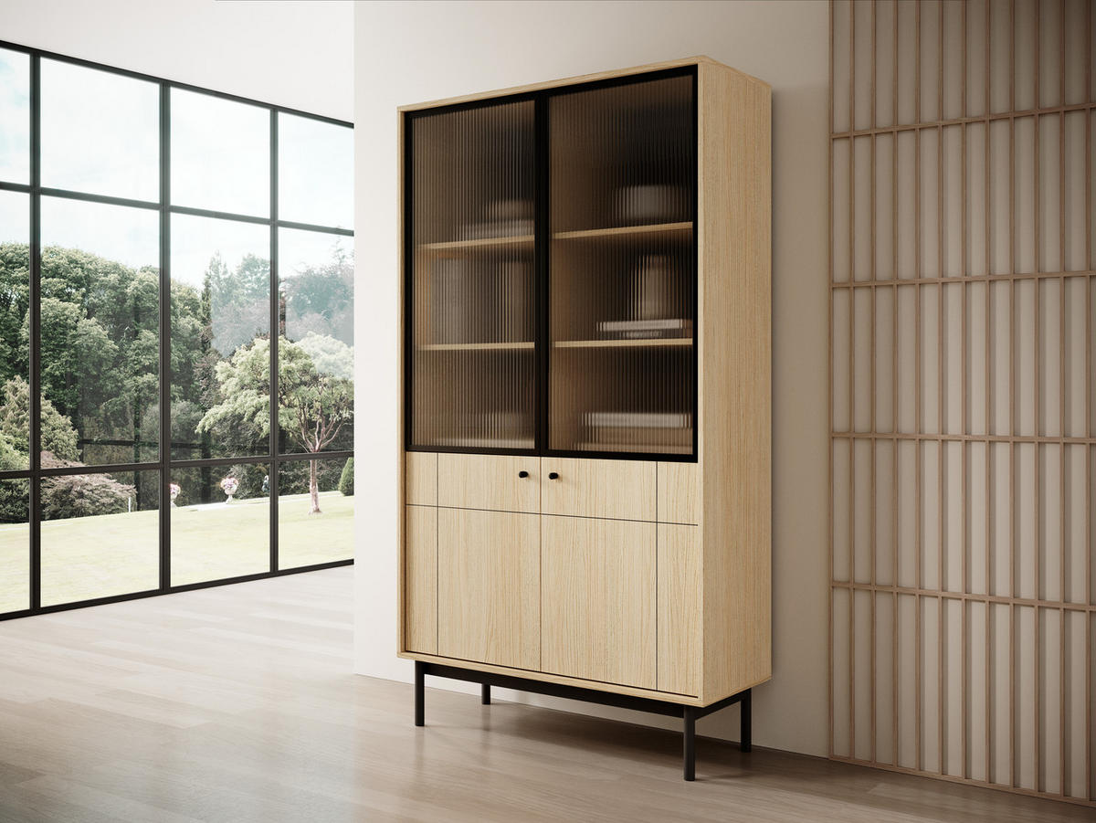 VITRINE SORA W4D (Eiche Linea, Gefräste Front, Riffelglas, Haefele Soft-Close, Holzfüße) - Eichefarben/Schwarz, Glas/Holz (104/185/39cm) - Ravio