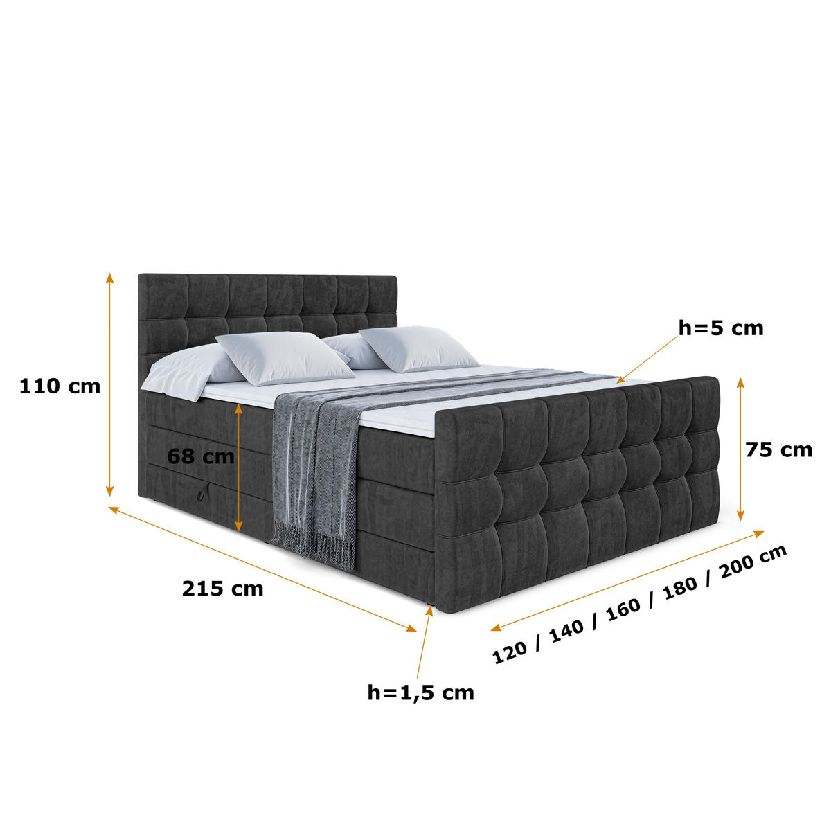 BOXSPRINGBETT BERO-Z KING - 140 x 200 - H3/H4 - Schwarz - Schwarz, Holzwerkstoff (140/200cm) - ALTDECOR