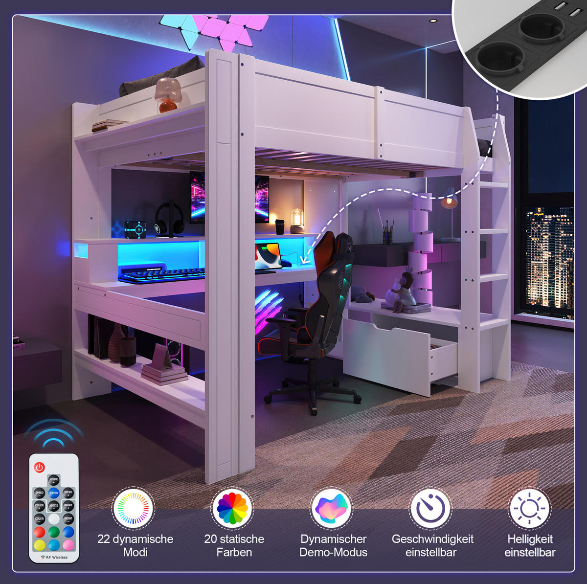 HOCHBETT mit Schreibtisch 140/200 cm in Weiß – mit LED, Regalen und Schublade - Weiß, Holz (140/200cm) - BEAOK