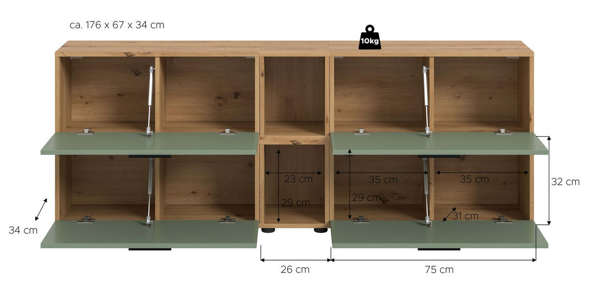 WOHNKOMBINATION THE ONE (B/H/T: ca. 176/67/34 cm) in Artisan Oak Nachbildung/Smoke Green - Eiche Artisan, Holzwerkstoff (176/67/34cm)