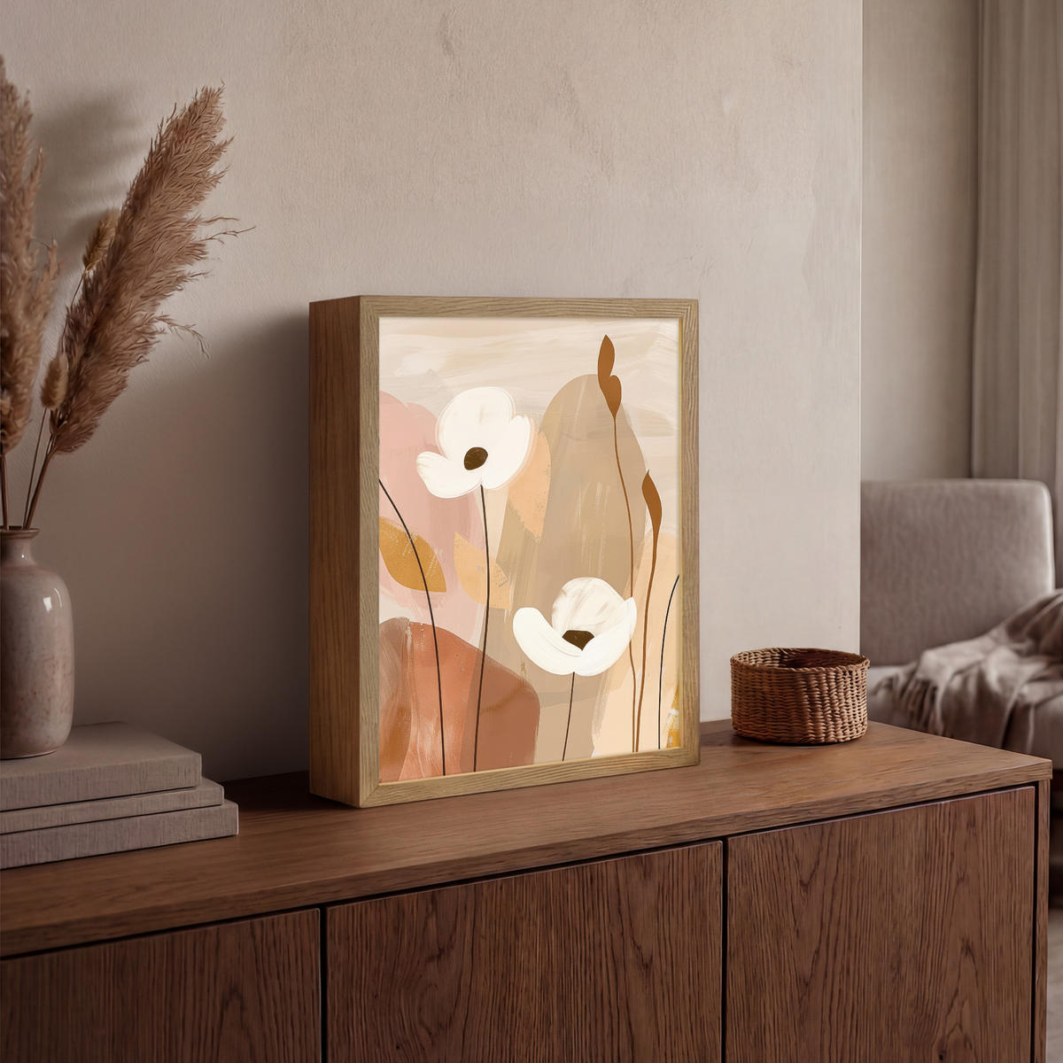 WANDLEUCHTE MIT AKKU Blumen - Abstrakt - Beige - Strichzeichnung 30x40 cm - Sandfarben, Holzwerkstoff (30/40/8cm) - OnlyWow