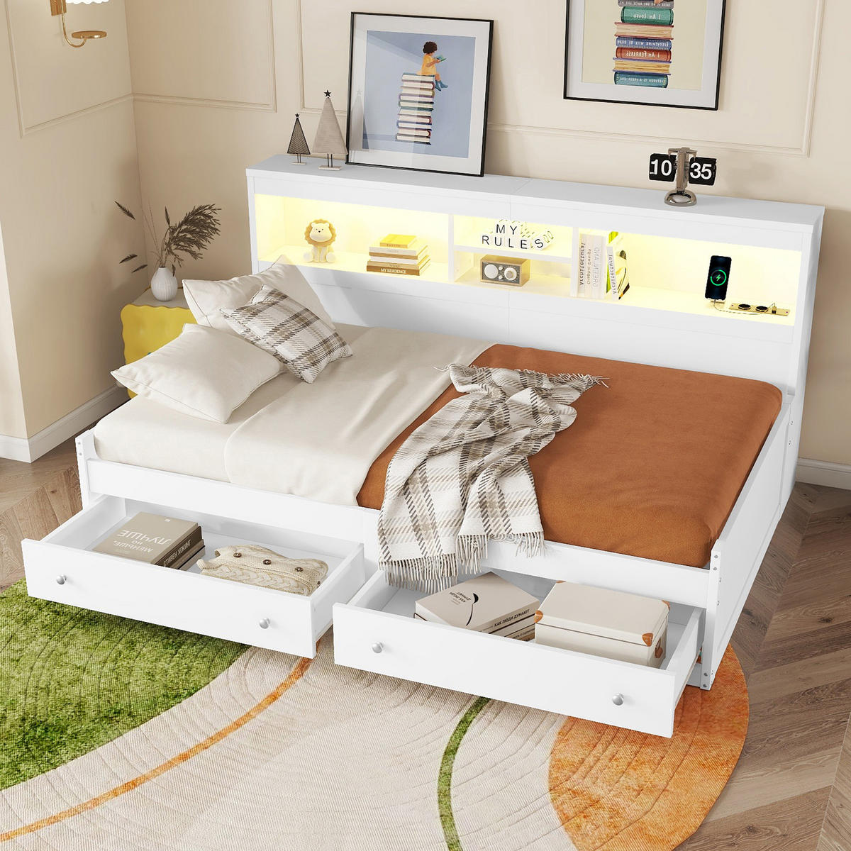 TAGEBETT 90x200cm Weiß Spanplatte Nachtkästchen 2 USB Ambiente-Licht - Weiß, Holz (90/200cm) - FLIEKS